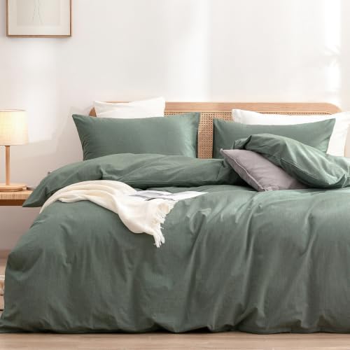 BESTOUCH Duvet Cover Set 100% Washed Cotton Linen Feel Super Soft Comfortable Chic Lightweight 3 PCs Home Bedding Set Solid Green Super King