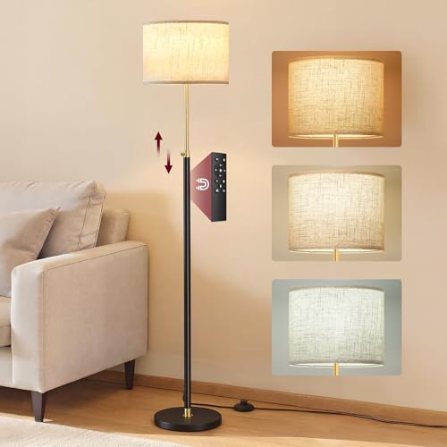 VASAGLE Floor Lamp for Living Room, Adjustable Height 140-170 cm, Modern Standing Lamp with Foot Switch, Remote Control, 3 Colour Temperatures, E27 Socket, Memory Function, Gold and Black LFL005BD03