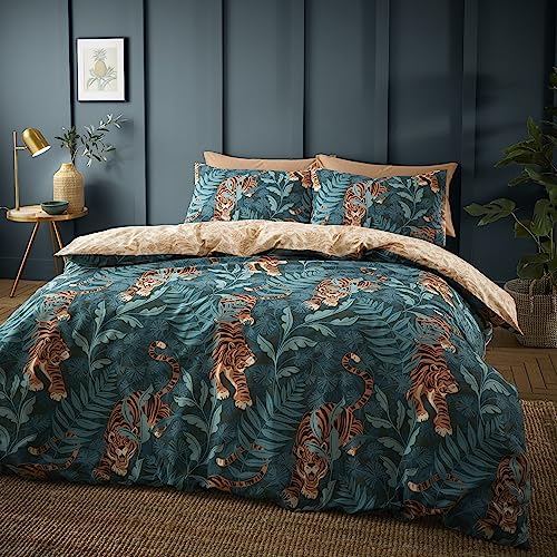 Catherine Lansfield Tropic Tiger Leaf Reversible King Duvet Cover Set with Pillowcases Green