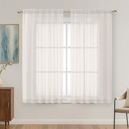 OVZME Ivory Sheer Curtains 63 Inches Long 2 Panels Set, Light Filtering Sheer Curtains for Living Room Bedroom 59 Inch Extra Wide, Modern Voile Filmy Rod Pocket Window Drapes, 59Wx63L Inches