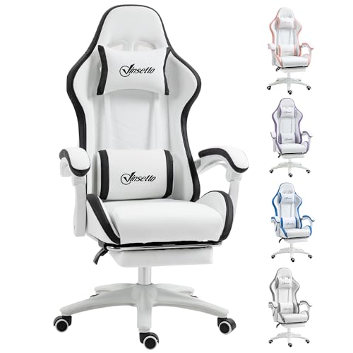 Vinsetto Ergonomic Computer Gaming Chair, PU Leather Office Desk Chair with Footrest, Swivel Wheels, 135° Reclining Back, Lumbar Support, Headrest for Home, White and Black
