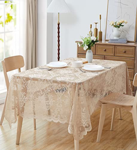 LinenZone 60 x 84 Rectangle Linen Lace Tablecloth. (Luna TC 60 x 84, Linen) - Rectangular, Square, Round and Oval Lace Tablecloths for Wedding, Birthday, Christmas, Thanksgiving, Easter or Baby Shower.