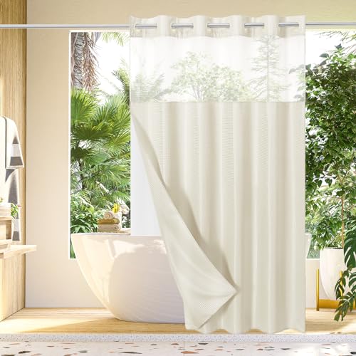 Gibelle No Hook Cloth Shower Curtain with Snap-in Fabric Liner Set for Bathroom, Hotel Style with Mesh Top Window, Waterproof & Washable, Ivory, 72x74