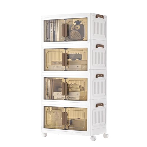 SONGMICS Storage Boxes with Lid, 4-Tier Stackable Organiser with 1 Lid - Plastic Bins on Wheels, Magnetic Door, Home Organisation, White, 45 L per Tier, 100 L Total, DENNYS Collection RLB445WZ01