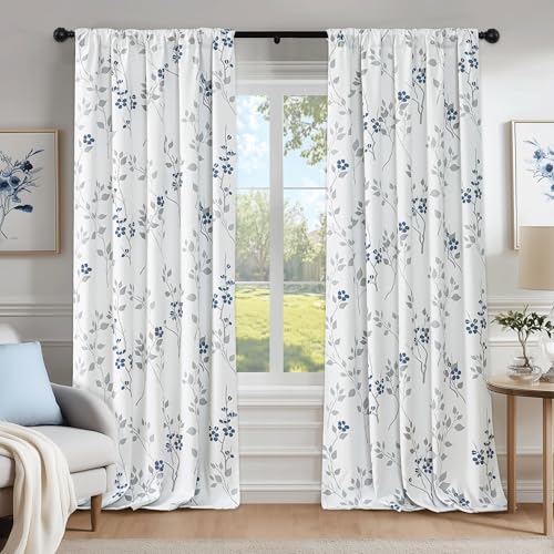 Beauoop Floral 100% Blackout Curtains for Bedroom Blue Grey 52X96 2 Panels - Flower Patterned Blue White Room Darkening Drapes for Living Room 96 Inch Long Thermal Soundproof Window treatment Rod Pocket