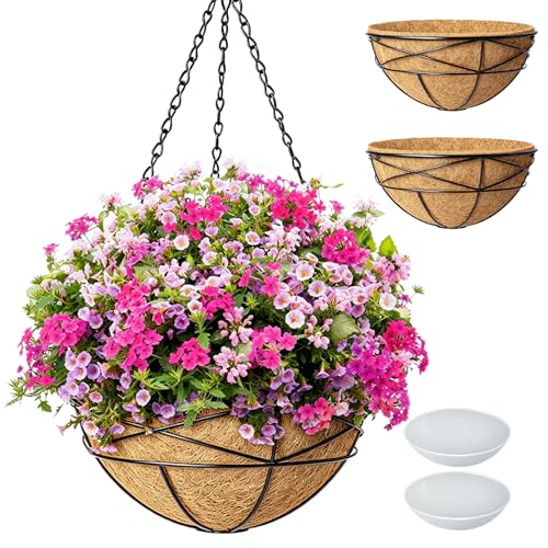 Karlliu 2 Pack 14 Inch Hanging Flower Baskets for Outdoor Plants, Large Metal Wire Planters with Coco Liner Pot, Round Watering Plant Holders for Outside Garden