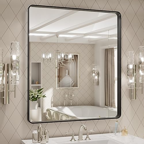 LOAAO 32x36 inch Black Metal Frame Bathroom Mirror for Wall Matte Black Bathroom Vanity Mirror Farmhouse Large Rounded Rectangle Rustproof Tempered Glass Hanging
