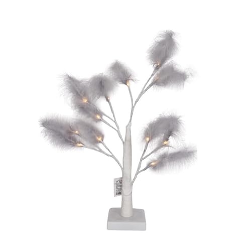 SHATCHI 55cm Grey Feather Tree Table Lamp Warm White LEDs Lighted Pampas Tree – Battery-Operated Decorative Night Light for Christmas, Home, Events, Holiday Decorations