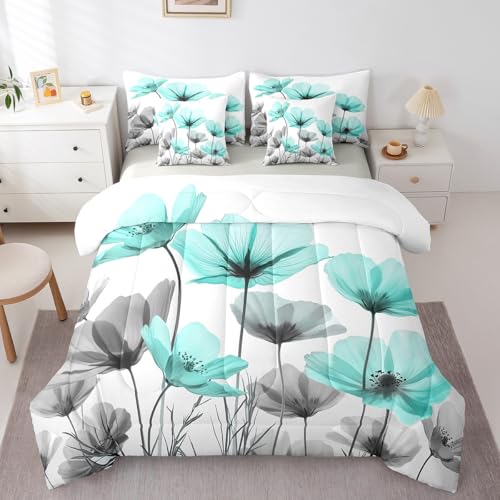 Erosebridal Teal Floral Comforter Set Twin Bed in a Bag,Teal and Grey Flower Bedding Set 7 Piece with Sheets for Kids Girls Women,Farmhouse Boho Flowers Wildflower Bed Set with Fitted+Flat Sheet