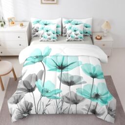 Erosebridal Teal Floral Comforter Set Twin Bed in a Bag,Teal and Grey Flower Bedding Set 7 Piece with Sheets for Kids Girls Women,Farmhouse Boho Flowers Wildflower Bed Set with Fitted+Flat Sheet