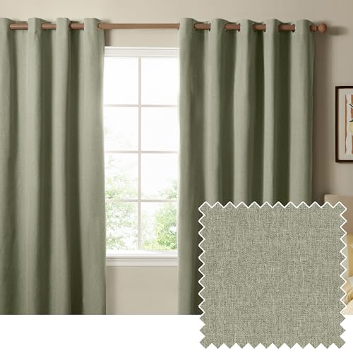 furn. The Ultimate Blackout Textured Eyelet Curtain Pair – Double Sided Woven Light Blocking Lined Curtains (Sage – Width 229 x Drop 137cm)
