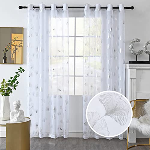 youleyar Silver Foil Print Voile Sheer Curtains, Leaves Grommet Top Window Drapes 108 Inches Long, Luxury Metallic Bronzing Treatment Panels for Home Window Decoration, 2 Panels