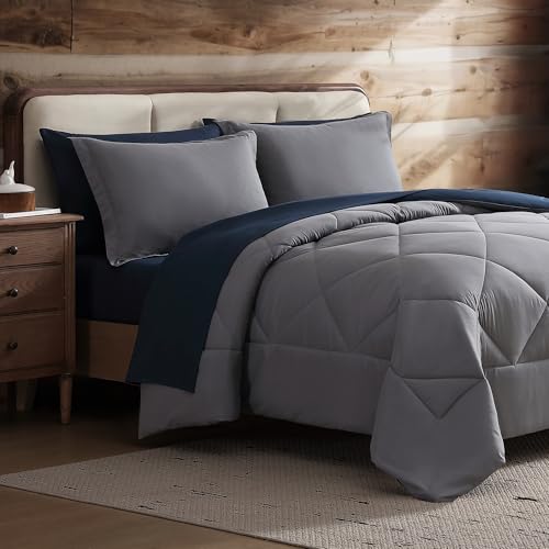 Coleman Twin Comforter Set Reversible Bed-in-a-Bag??? Double-Sided Color Options, All-Season Comforter + Shams + Sheets ??? Perfect for Home, Cabin or Camp Use, Navy/Gray