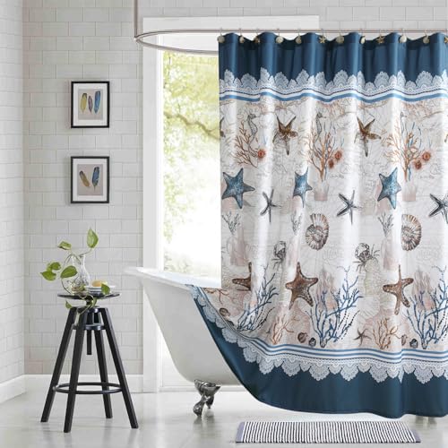BESTRIPES Coastal Shower Curtain, Starfish Seashells & Seahorses on Nautical Map, Water Repellent Fabric, 12 Grommets & Weighted Hem, Teal Blue, 72x72 Inches