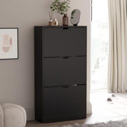 Vida Designs Shoe Cabinet, Wooden Shoe Storage Unit with 3 Flip Drawers, Multifunctional Dust-Proof Space-Saving Slim Cupboard for Hallway or Entryway, 100% FSC Certified (Black)