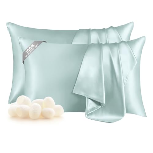 "THXSILK Set of 2 Silk Pillowcase for Hair and Skin, 100% Mulberry Silk Bed Pillowcase Ultra-Soft, Hypoallergenic Soft Breathable Silk Pillow Case with Hidden Zipper, King Size 20""x36"", Light Blue"
