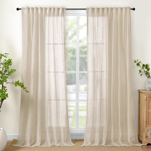 YoungsTex Extra Long Linen Curtains for Living Room 102 Inch Length - Light Filtering Farmhouse Drapes Semi Sheer with Rod Pocket Back Tab for Bedroom Windows, Oatmeal, 2 Panels, 52 X 102 Inch