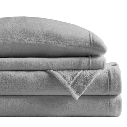 "SLEEP PHILOSOPHY True North Soloft Plush Bed Sheet Set, Wrinkle Resistant, Warm, Soft Fleece Sheets with 14"" Deep Pocket Cold Season Cozy Bedding-Set, Matching Pillow Case, Full, Grey, 4 Piece"