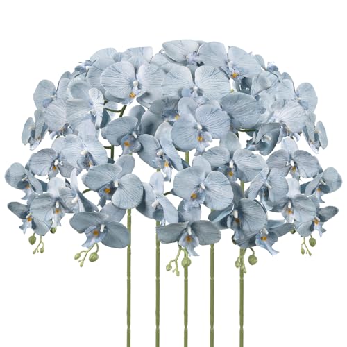 IPOPU Blue Orchid Artificial Flowers 5PCS Fake Silk Orchids Faux Orchid Stems Phalaenopsis Branches for Tall Vase for Bridal Shower Home Party Wedding Decoration (Blue)