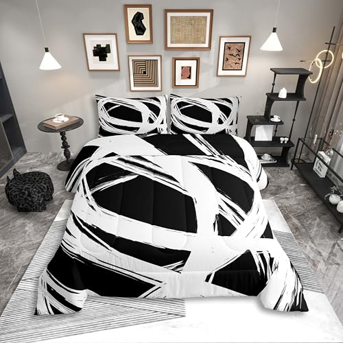 White and Black Striped Bedding Set Full Size for Adults Youth Teens,Contemporary Boho Modern Art Comforter Set,Graffiti Stripes Lines Quilt,Aesthetic Geometry Geometric Duvet Insert for Minimalists