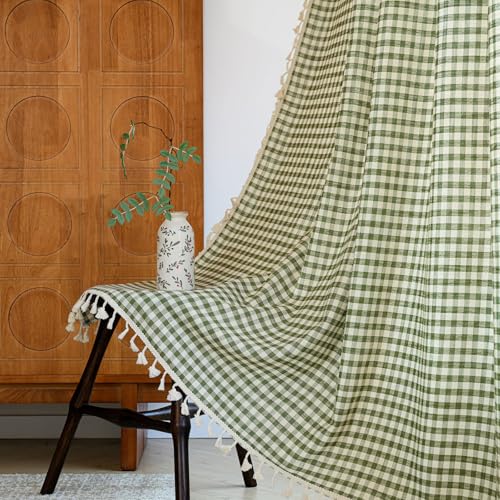 ENJOYBRIDAL Green Plaid 96 Inch Curtains for Living Room Cute Drapes Rod Pocket Semi Sheer Boho Long Window Curtain Panels Rustic Bedroom Tassel 2 Panels Farmhouse Window Treatments