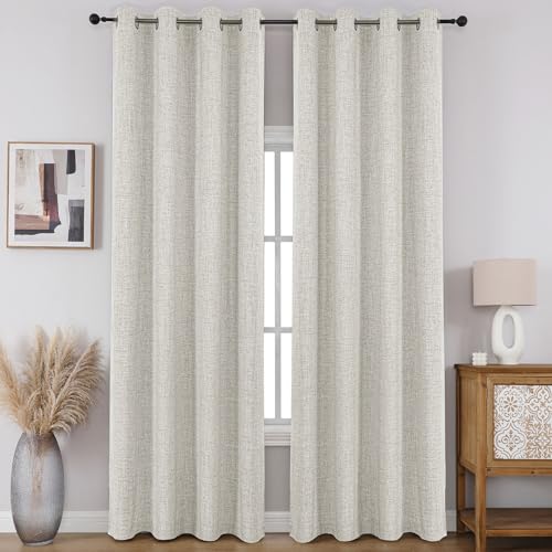 CUCRAF 100% Total Blackout Curtains 90 Length for Window Treatment, Faux Linen Thermal Insulated Grommet Drapes for Bedroom/Living Room, Set of 2 Curtain Panels(Light Beige, 52 x 90 inches)