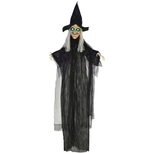HOMCOM 6ft Outdoor Halloween Decoration Witch Hanging Witch Prop Life Size - Sound and Motion Activated, Light Up Eyes, Talking Sound, Posable Arms