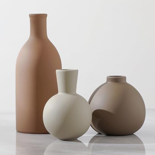 ooit Ceramic Vase Set of 3, Rustic Farmhouse Modern Bohemian Vases, Brown, Round, Holds Water, Anti-Slip Base, Perfect for Fresh or Dried Plants, Home Decor, Indoor