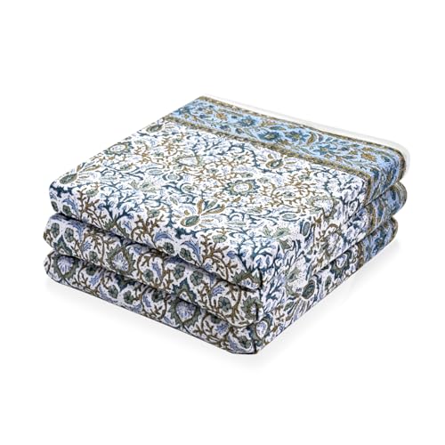 Ridhi Indigo Blue Hand Block Print Waffle Kitchen Towel Set of 3-16 x28 Ultra Absorbent Quick Dry 100% Cotton Dish Towels Lightweight Reusable Sustainable Tea Towels for Cleaning and Drying