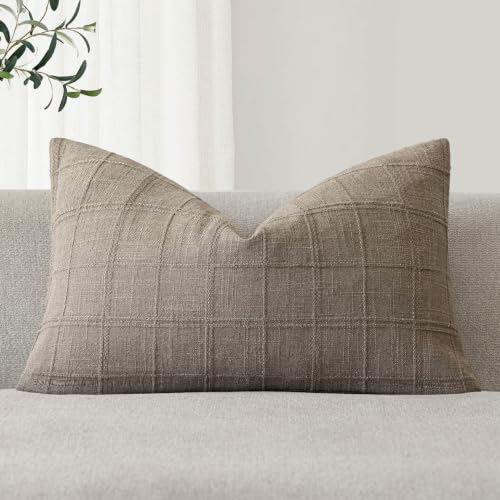 Foindtower Set of 1 Decorative Linen Check Throw Pillow Cover Neutral Farmhouse Lumbar Cushion Cover Modern Boho Home Decor for Sofa Chair Couch Bedroom Living Room,12??20 Inch,Tan Taupe
