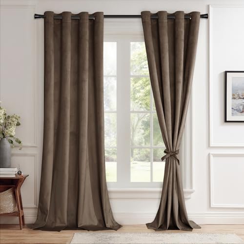JIUZHEN Room Darkening Velvet Curtains 2 Panels Set, Luxury Window Treatment Privacy Thermal Insulated Backdrops for Living Room/Office, 52 inch x 84 inches, Brown