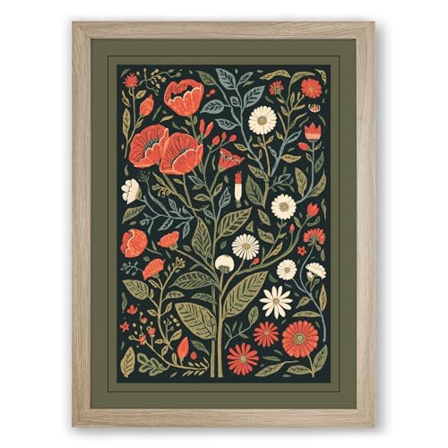 Poppy Garden Pattern Botanical Framed Wall Art Print A3 (42×29.7cm) Oak, Wall Decor for Living Room, Bedroom, Office & Home, Ready to Hang, Art Gift