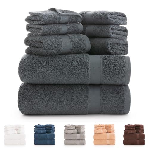 Todocama - 8 Piece Bath Towel Set 100% Cotton (550 GSM) Extra Soft, High Absorbent and Quick Drying, 2 Bath Towels, 2 Hand Towels and 4 Face Towels (Dark Grey)