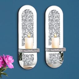 Azonsdop Silver Mirrored Candle Sconces, 2 Pack Crystal Candle Holders with Acrylic Crushed Diamond, Wall Decorations for Living Room，Dining Room, Home Décor
