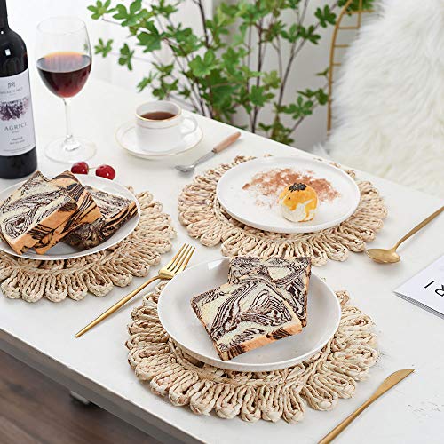 IcosaMro Round Woven Placemats for Dining Table 11.8 Inch Set of 6 Natural Braided Rattan Tablemat Hollow Wicker Charger Plates for Holiday Christmas Kitchen Table Mat, Beige