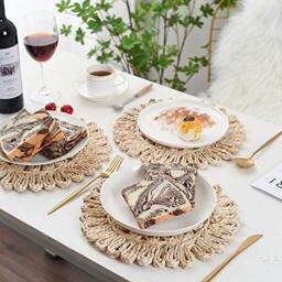 IcosaMro Round Woven Placemats for Dining Table 11.8 Inch Set of 6 Natural Braided Rattan Tablemat Hollow Wicker Charger Plates for Holiday Christmas Kitchen Table Mat, Beige