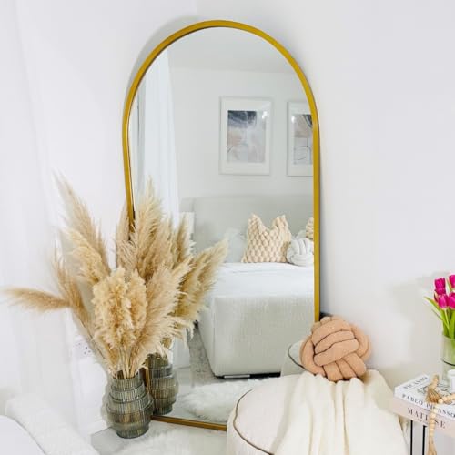 MirrorOutlet Full Length Gold Large Tall Arched Metal Modern Wall Mirror: 180 x 90cm - Suitable for Bedroom, Living Room, Dressing Room, and Living spaces.