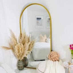 MirrorOutlet Full Length Gold Large Tall Arched Metal Modern Wall Mirror: 180 x 90cm - Suitable for Bedroom, Living Room, Dressing Room, and Living spaces.