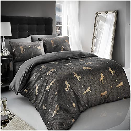 GC GAVENO CAVAILIA Teddy Fleece Duvet Cover, Fluffy Fitted Sheet, Warm Cozy Ultra Soft Bed Set, Polyester, Unicorn-Charcoal, Single