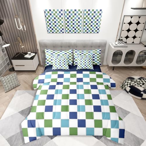 Erosebridal Blue Green Checkered Comforter Set Twin Size 7 Piece Navy Teal White Grids Plaid Bedding for Kids Boys Teen Men,Geometric Buffalo Gingham Bed in A Bag Modern Fashion Bed Set Room Decor