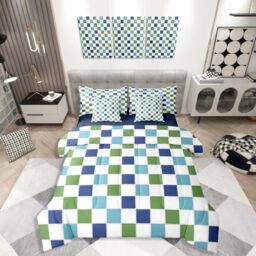Erosebridal Blue Green Checkered Comforter Set Twin Size 7 Piece Navy Teal White Grids Plaid Bedding for Kids Boys Teen Men,Geometric Buffalo Gingham Bed in A Bag Modern Fashion Bed Set Room Decor