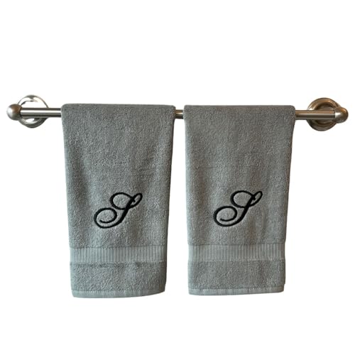 Decorvo Gray Monogrammed Hand Towels for Bathroom - Luxury Hotel Quality Personalized Initial Embroidered Towel for Powder Room, Spa - GOTS Organic Certified - Set of 2 Black Letter S