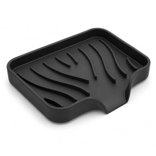 Soap Dish Silicone Self-Draining Non-Slip Holder for Bathroom Kitchen Black - Mould resistant, grid anti-slip base, drip spout design, dishwasher safe, travel friendly, odourless, multipurpose