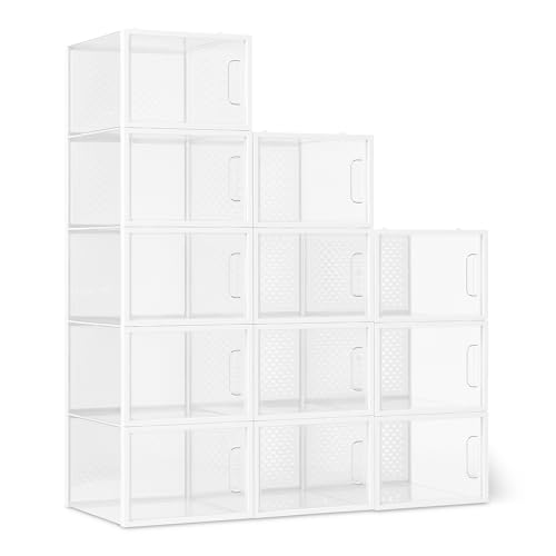 Amazon Basics Stackable and Foldable Clear Shoe Storage Organizer Box, Large, Pack of 12