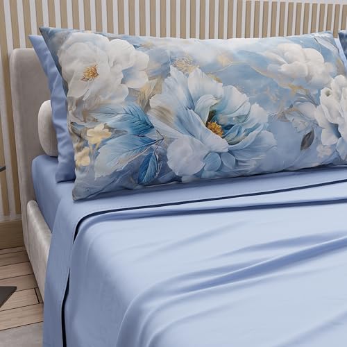 PETTI Artigiani Italiani - Cotton Sheets with Pillowcases in Digital Print, Double Bed Sheet, Floral Pattern 13 Light Blue, 100% Made in Italy