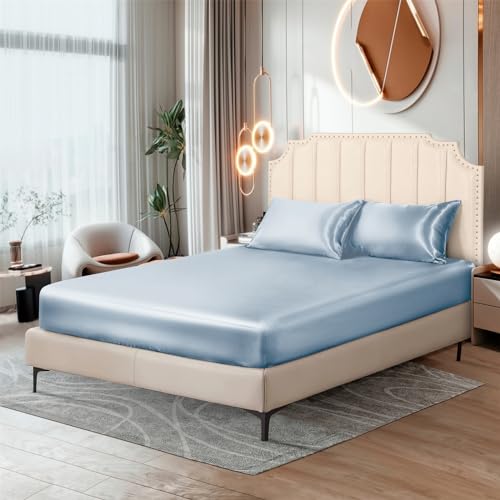 Ersmak Silk Satin Fitted Sheet, Soft Deep Pocket Bottom Luxury Queen Fitted Sheet, Wrinkle Free, Breathable, Fade Resistant - Baby Blue