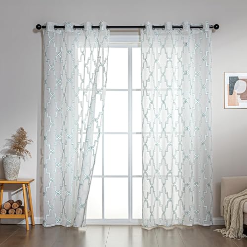 SLEEP ZONE Sheer Curtains for Living Room and Bedroom, Embroidered Sheer Curtains White Sheer Curtain 52 ?? 95 inches Long of 2 Panels, White Vintage Plaid