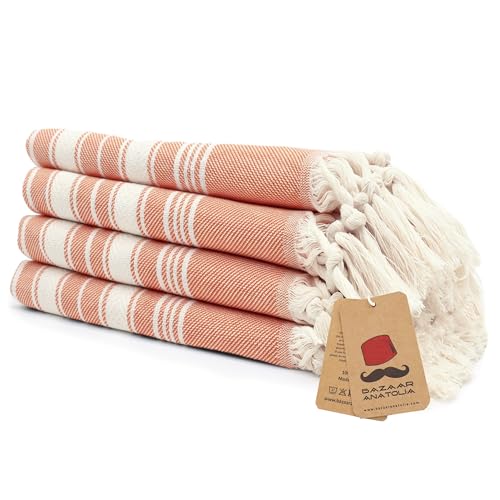 "Bazaar Anatolia Hand Towels - Set of 4 - 39"" x 19"" - Decorative Turkish Hand Towel for Bathroom, 100% Cotton, Kitchen, Face, Hair, Tea, Dishcloth, Fall Hand Towels - Stripe Orange"