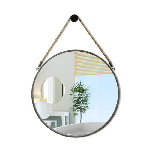 POZINO Wall Mounted Mirror Round 15 inch Decorative Farmhouse Circle Rustic Finish Metal Frame Accent Mirror with Hanging Rope for Bathroom Bedroom Living Room Dorm or Entryway