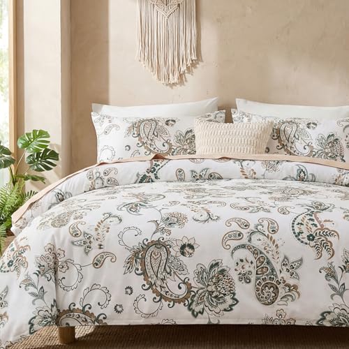 Cozeline 100% Cotton Duvet Cover Queen Size, Green Paisley Bedding Set with Zipper Closure, 3 Pcs Breathable and Soft Duvet Cover for All Season